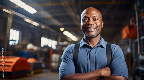 Portrait of happy African American man in manufacturing, natural light, mid-shot © Xyeppup