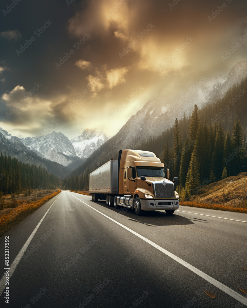 Single cargo truck driving on a rural highway, scenic backdrop, motion capture, front angle Single cargo truck driving on a rural highway, scenic backdrop, motion capture, front angle