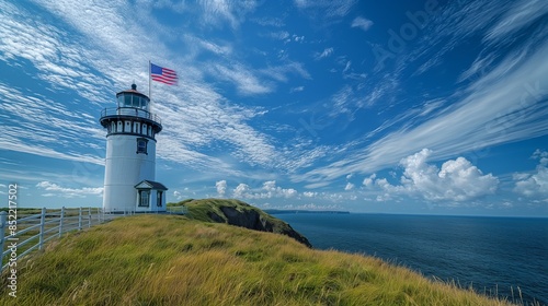 Patriotic American Flag Flying Proudly on Lighthouse Tower.