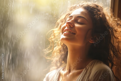 Side view of a woman bathed in a gentle sunbeam, reflecting joy, soft focus, outdoor