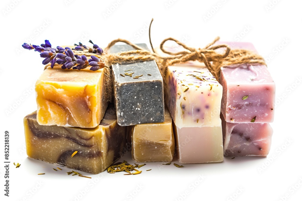 Handmade soap bars and lavender, flowers and herbs isolated on white background. Handmade soap bars and lavender, flowers and herbs isolated on white background.