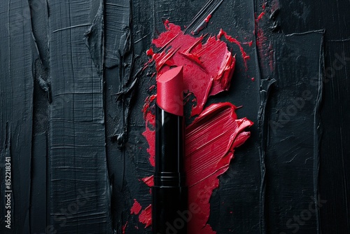 Red lipstick on a black background. Cosmetic product smple. Top view. photo