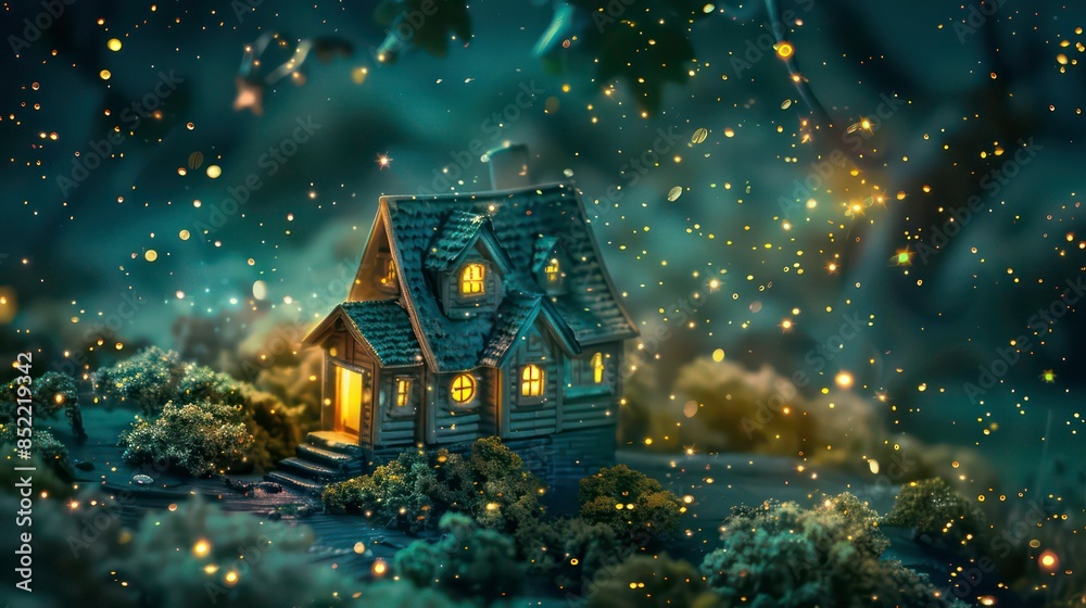 A picturesque small house, with a roof under a canopy of artificial turquoise clouds and vibrant little stars, creating a whimsical and dreamy atmosphere. A picturesque small house, with a roof under a canopy of artificial turquoise clouds and vibrant little stars, creating a whimsical and dreamy atmosphere.