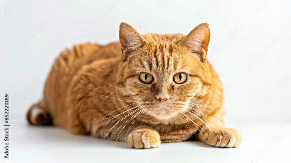 Overweight red adult cat on white backdrop Overweight red adult cat on white backdrop