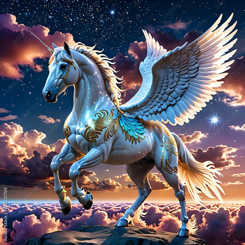 Mystical Unicorn with Wings Against a Starry Sky Mystical Unicorn with Wings Against a Starry Sky