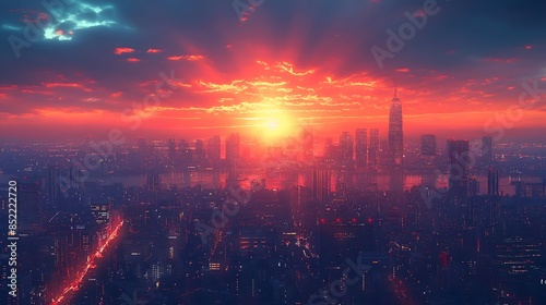 Cityscape at Sunset with Glowing Sky