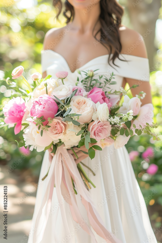 Beautiful wedding bouquet of white and pink flowers with silk ribbons in the hands of the bride Beautiful wedding bouquet of white and pink flowers with silk ribbons in the hands of the bride