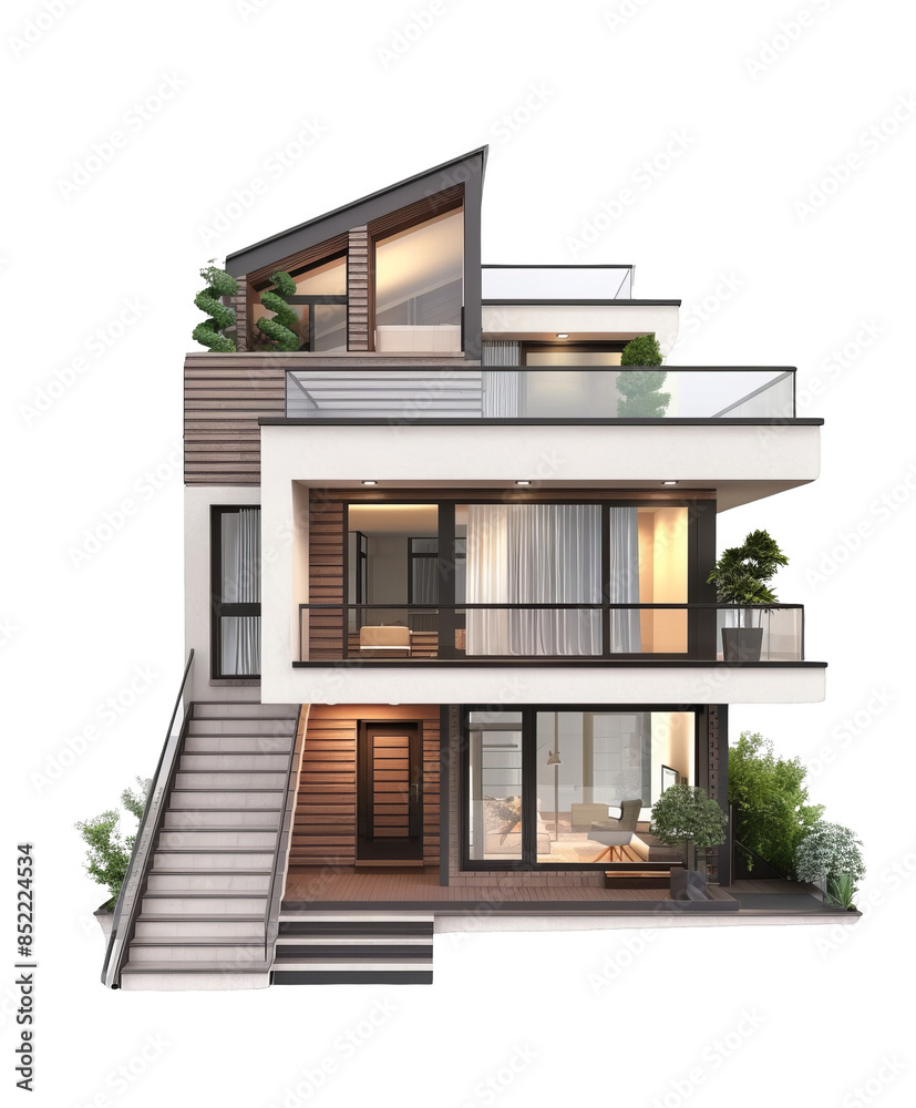 Realistic split-level home with a front staircase and modern design, isolated on a transparent background,isolated on transparent png background
