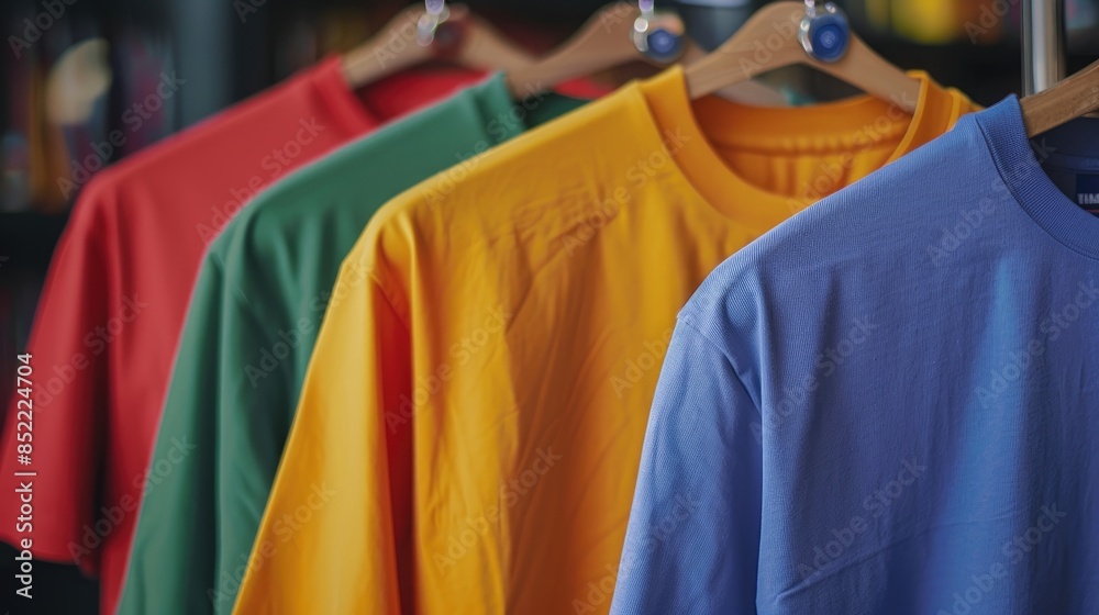 Fototapeta premium Four vibrant t shirts displayed on hangers