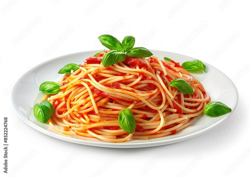 A plate of spaghetti with red sauce and green basil leaves. A plate of spaghetti with red sauce and green basil leaves.
