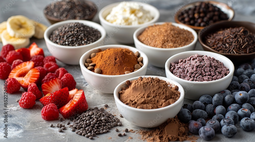 A variety of toppings are arranged in small white bowls on a gray surface A variety of toppings are arranged in small white bowls on a gray surface
