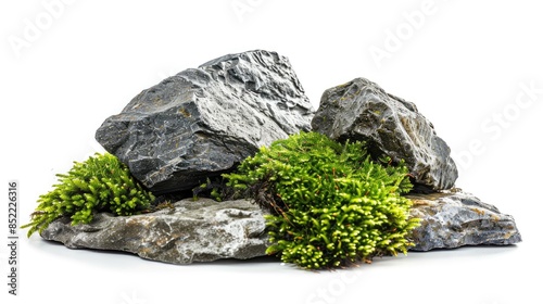 Stones and moss with a natural backdrop isolated on a white background