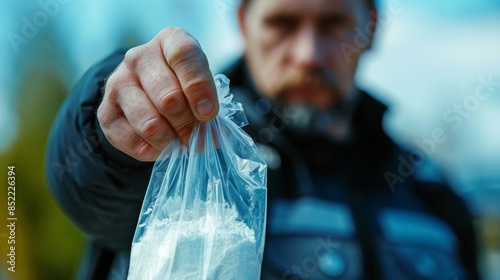 A policeman holds a seized bag of white powder. The concept of illegal drug trade