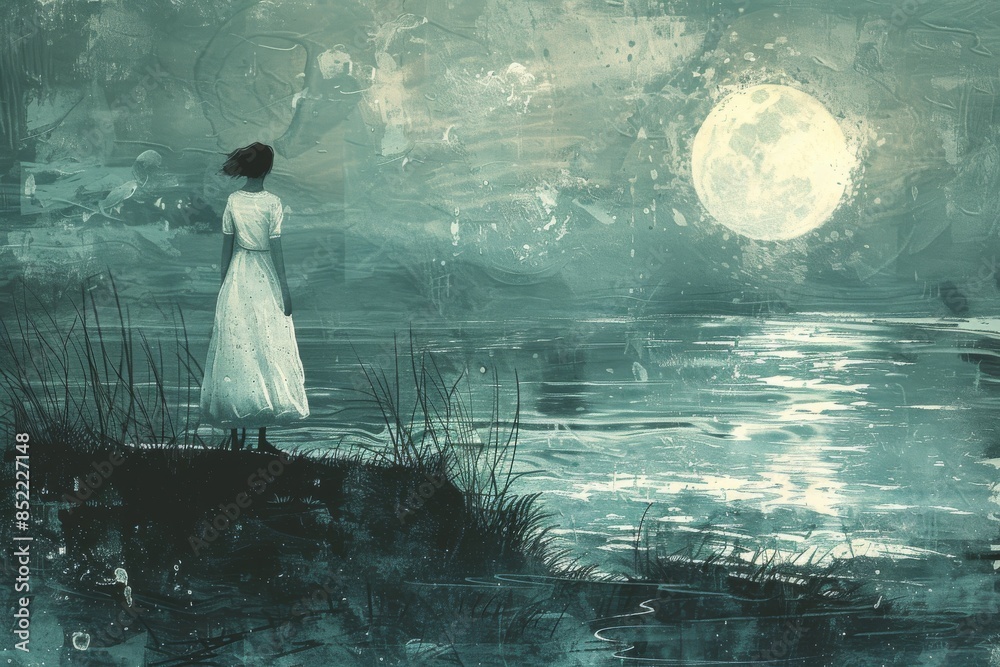 Philosophical illustration of a young girl who drowned in the sea. Her spirit stands on the shore of a stormy sea and looks at the waves Philosophical illustration of a young girl who drowned in the sea. Her spirit stands on the shore of a stormy sea and looks at the waves
