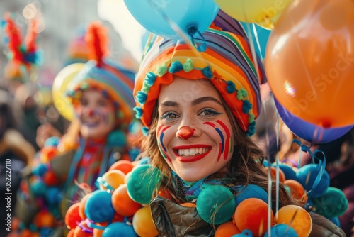 Joyful Participants in Colorful Costumes Marching in Thanksgiving Parade

