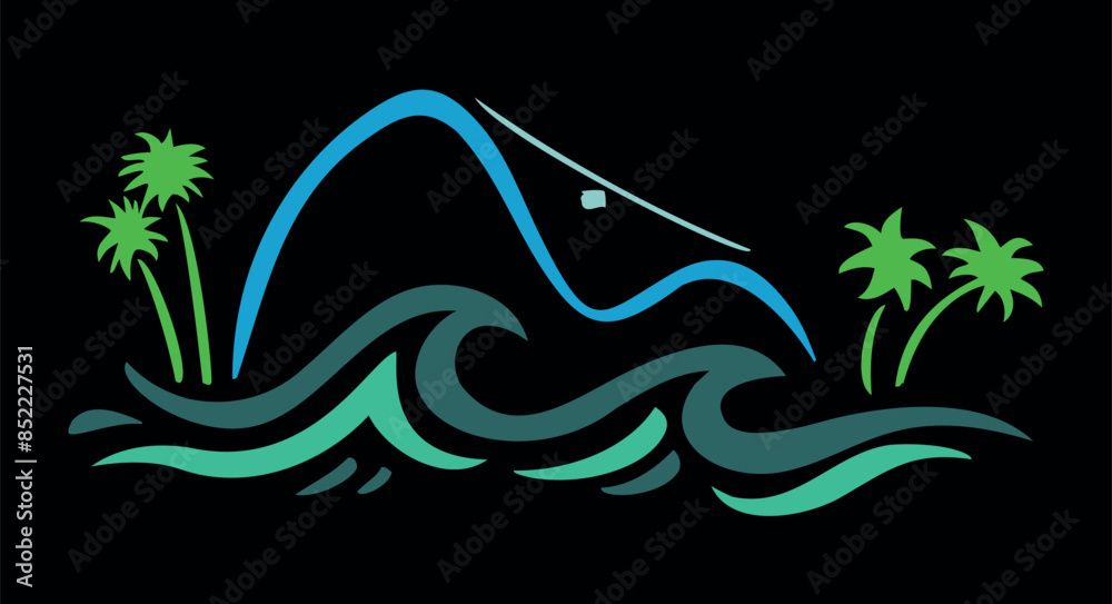 Vector illustration of silhouettes of mountains and waves in free and stripped strokes style. Vector illustration of silhouettes of mountains and waves in free and stripped strokes style.