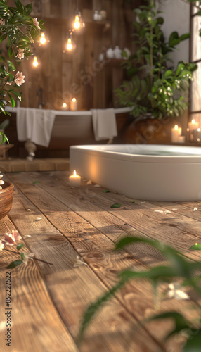 Serene Rustic Bathroom with Bathtub, Hardwood Floors, and Ambient Candlelight A Tranquil Sanctum for Relaxation and Rejuvenation, Surrounded by Lush Greenery and Soft Natural Lighting photo