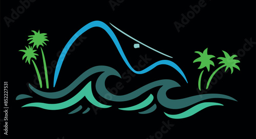 Vector illustration of silhouettes of mountains and waves in free and stripped strokes style.