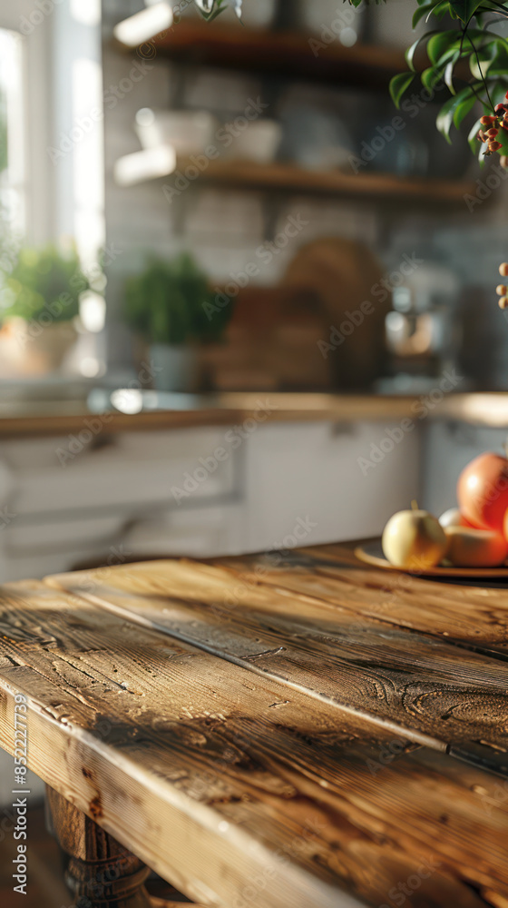 Sunlit Rustic Kitchen with Wooden Table, Fresh Produce, and Greenery in a Cozy Home, Emphasizing Natural Light, Warmth, and Simple Living in a Beautifully Designed Culinary Space Sunlit Rustic Kitchen with Wooden Table, Fresh Produce, and Greenery in a Cozy Home, Emphasizing Natural Light, Warmth, and Simple Living in a Beautifully Designed Culinary Space