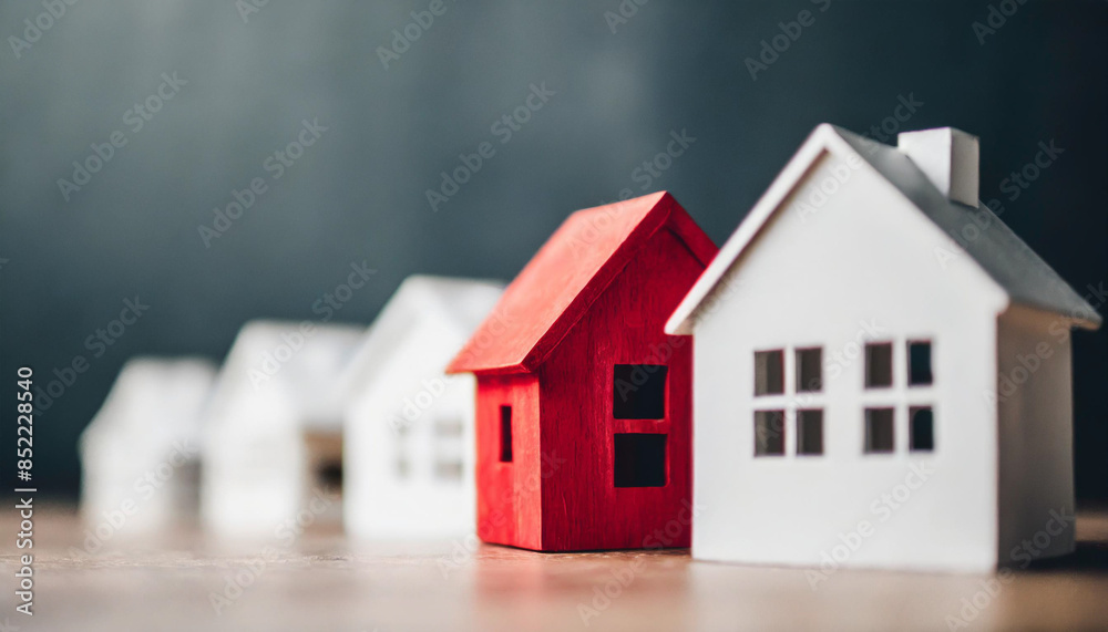 row of white houses stands in a line, highlighting one distinctive red house among them, symbolizing uniqueness and the importance of choosing the right real estate against an empty wall background row of white houses stands in a line, highlighting one distinctive red house among them, symbolizing uniqueness and the importance of choosing the right real estate against an empty wall background