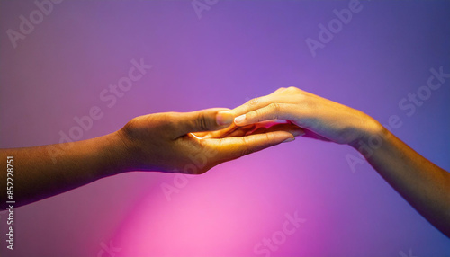 Two human women hands reaching towards each other, isolated against a purple background with neon lighting. The image captures the fingertips almost touching, symbolizing connection, unity, and yearni photo