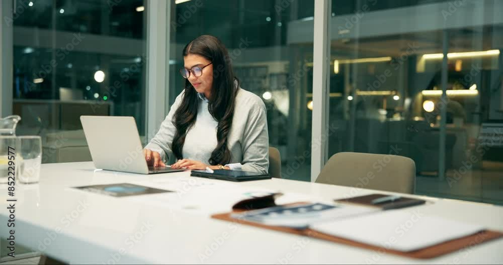 Boardroom, laptop and project management with business woman in office at night for research. Administration, computer and planning with professional employee in creative workplace for online design Boardroom, laptop and project management with business woman in office at night for research. Administration, computer and planning with professional employee in creative workplace for online design