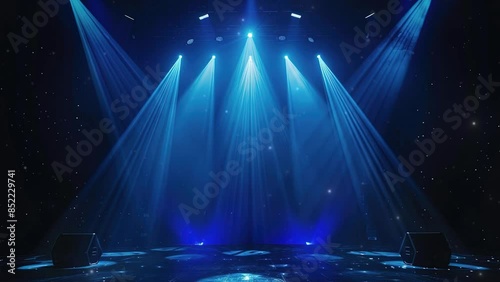 Bright shiny stage lights flashing. Colorful blue stage lights. Luxury stage with blue spotlights for theater performances or exhibition events. Blue neon spotlights and white laser holograms spins