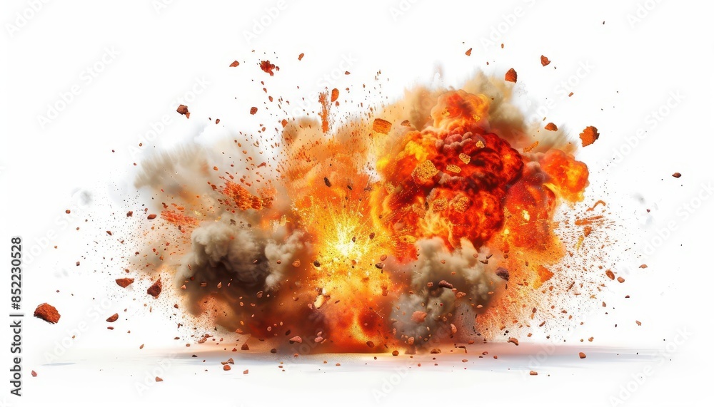 realistic explosions with fire smoke and debris isolated on white background action movie special effects concept realistic explosions with fire smoke and debris isolated on white background action movie special effects concept