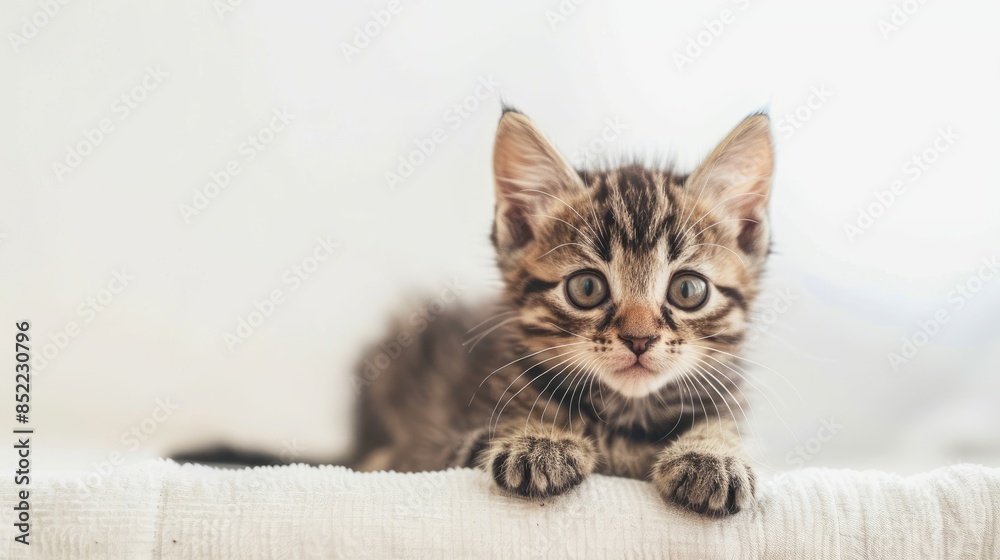 Adorable striped kitten against a white backdrop Adorable striped kitten against a white backdrop