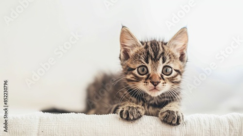 Adorable striped kitten against a white backdrop
