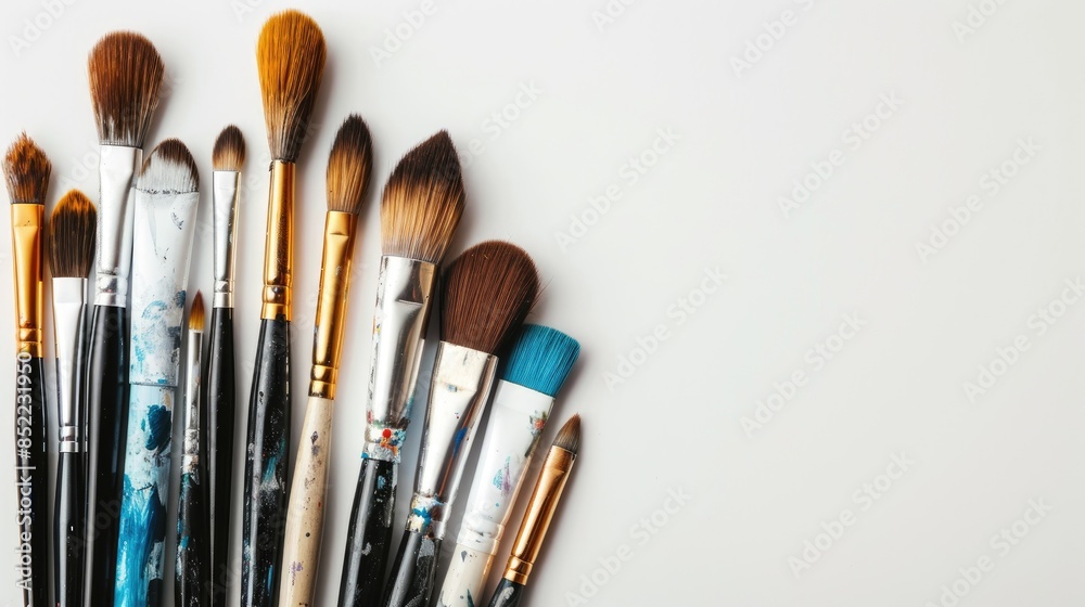 Paintbrushes on white background for art Creative tools for painting Watercolor brush School art supplies Artwork concept Overhead view with space Paintbrushes on white background for art Creative tools for painting Watercolor brush School art supplies Artwork concept Overhead view with space