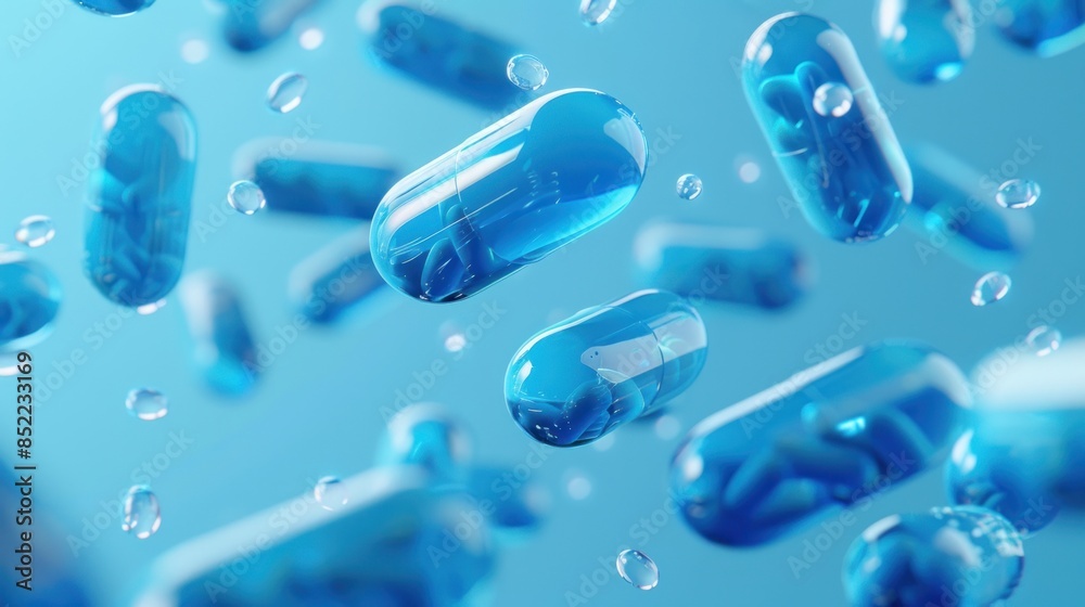 Floating Blue Pills on a Light Blue Background