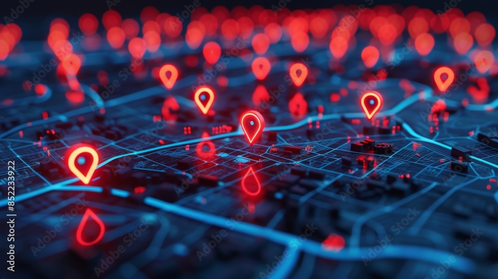 Futuristic City Map with Glowing Red Location Pins, Generative AI Futuristic City Map with Glowing Red Location Pins, Generative AI