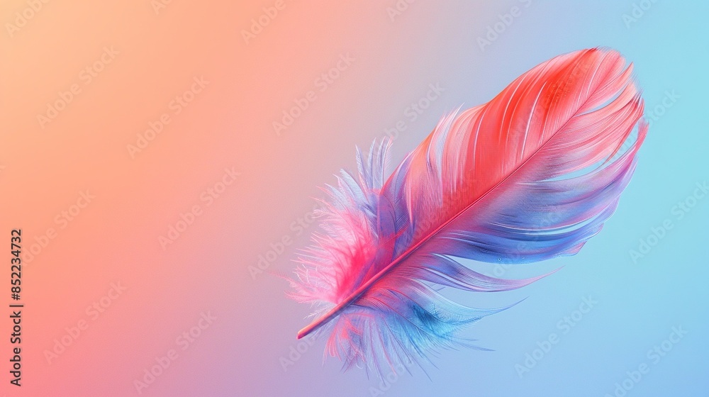 A colorful bird feather gracefully floats through the air a soft gradient background. Aesthetic design. Generative AI A colorful bird feather gracefully floats through the air a soft gradient background. Aesthetic design. Generative AI