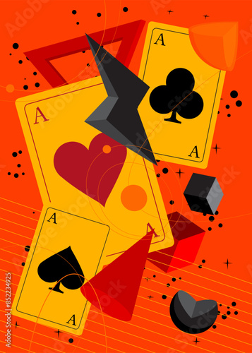 Poker Playing Card with geometrical graphic retro theme background. Minimal geometric elements. Vintage abstract shapes vector illustration.