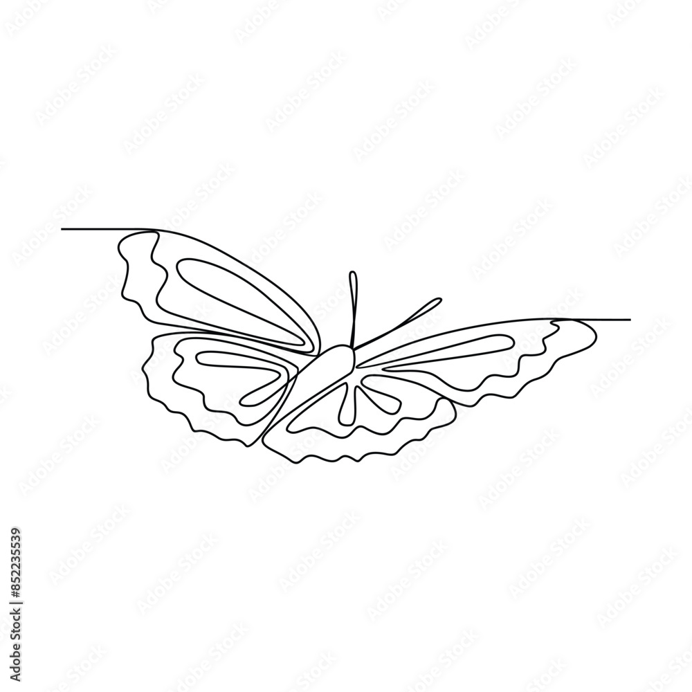 Fototapeta premium One continuous line drawing of Butterflies are flying and will land on flowers vector illustration. Animal themes design concept in simple linear style. Beautiful animal with variance body colors.