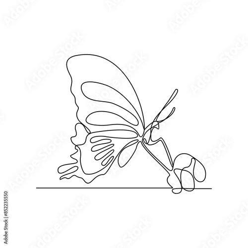 One continuous line drawing of 
Butterflies are flying and will land on flowers vector illustration. Animal themes design concept in simple linear style. Beautiful animal with variance body colors.