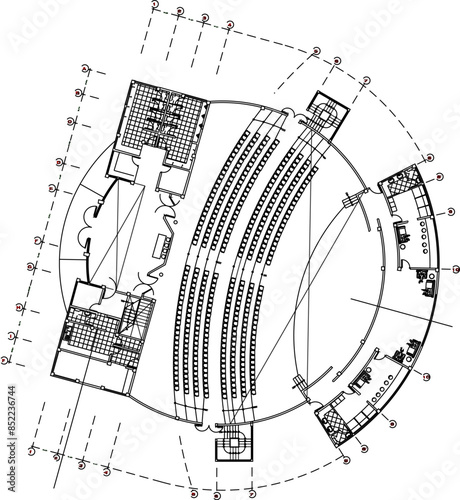 Vector silhouette illustration sketch, architectural engineering drawing, detailed design, site plan layout, Cultural center auditorium