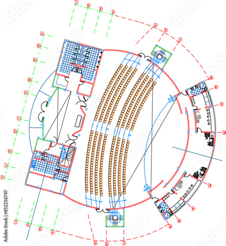 Vector silhouette illustration sketch, architectural engineering drawing, detailed design, site plan layout, Cultural center auditorium