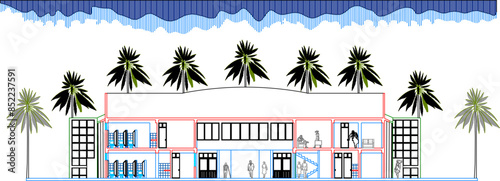 Vector silhouette illustration sketch architectural engineering drawing detailed design Cultural center auditorium 