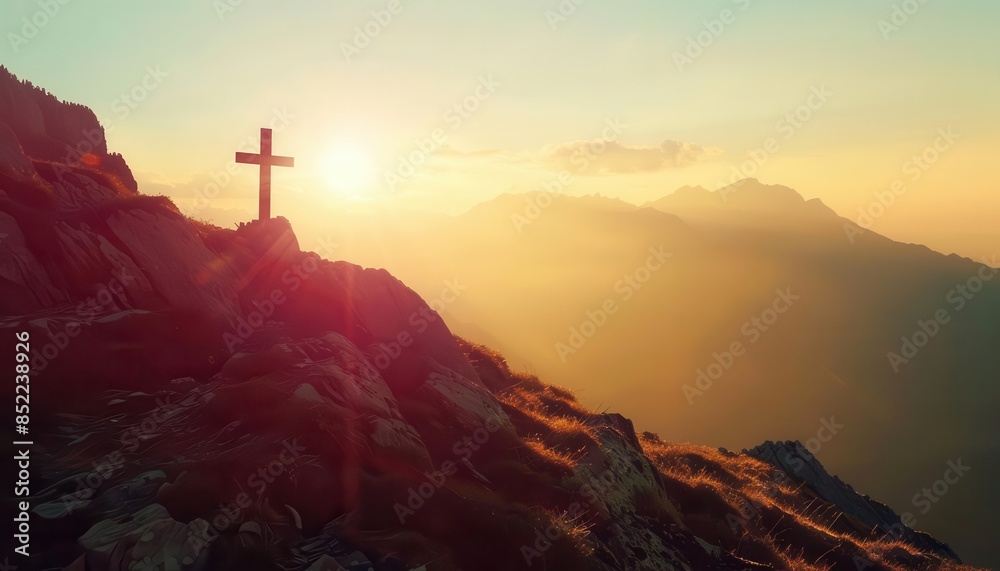 silhouette of christian cross on majestic mountain landscape spiritual background with copy space