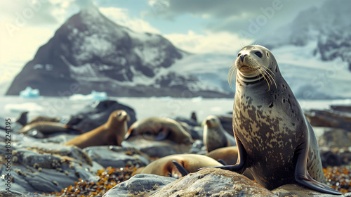Seals Relaxing on Rocky Shore with Snow-Capped Mountains in the © SHUCKBLACK