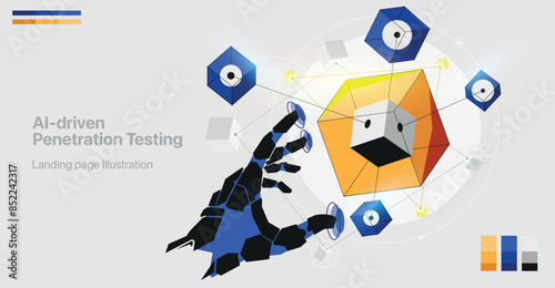 An illustration showing AI algorithms analyzing a network and identifying vulnerabilities, represented by glowing points or cracks on a digital map. bright colors, yellow and blue, Cybersecurity, web