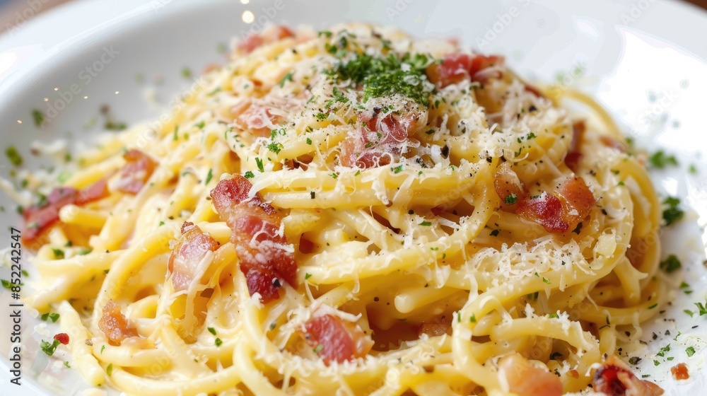 A detailed view of Spaghetti Carbonara topped with bacon and cheese on a white plate A detailed view of Spaghetti Carbonara topped with bacon and cheese on a white plate