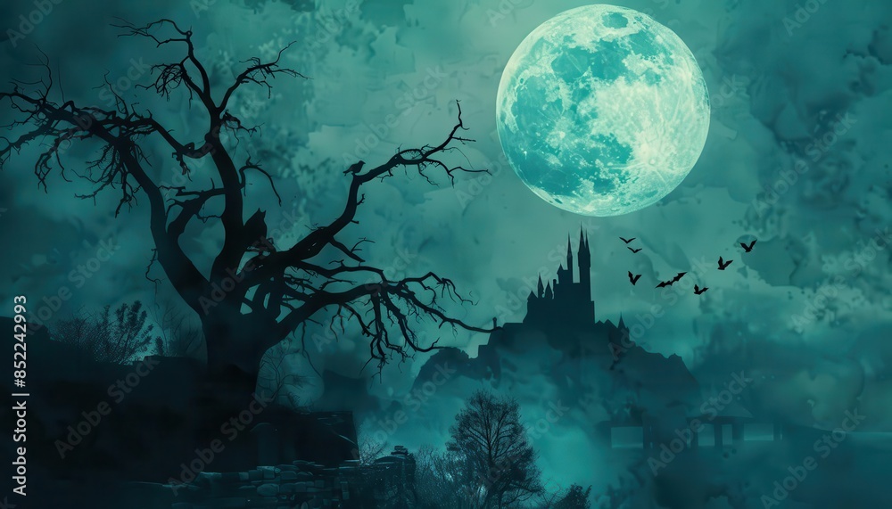 spooky graveyard with castle silhouette and bats on dead tree full moon halloween night digital art spooky graveyard with castle silhouette and bats on dead tree full moon halloween night digital art