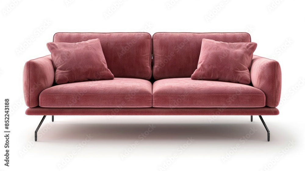 Minimal style modern fabric sofa with black metal legs isolated on white background displayed from the front perspective Furniture and interior design for homes