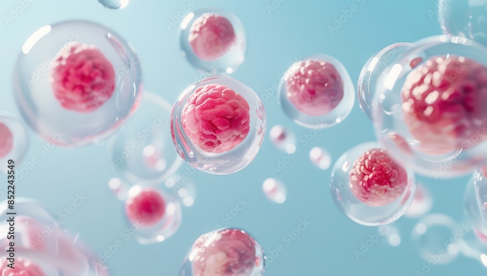 A bunch of pink and clear spheres with one of them being red