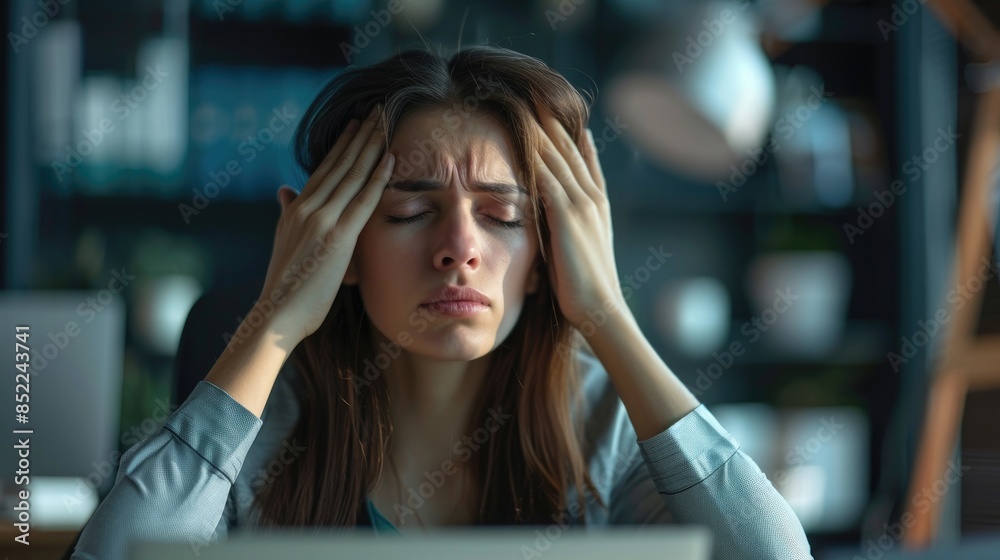 Female worker experiences fatigue and discomfort at desk due to headache unable to work Concept of health issues Female worker experiences fatigue and discomfort at desk due to headache unable to work Concept of health issues