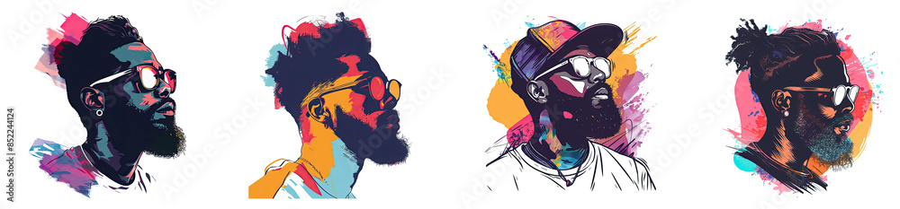 Set of hipster black man face abstract sketch design colorful minimal shapes and lines paint brush stroke, Concept for a fashion print, poster or t-shirt graphic, isolated on white background, png Set of hipster black man face abstract sketch design colorful minimal shapes and lines paint brush stroke, Concept for a fashion print, poster or t-shirt graphic, isolated on white background, png