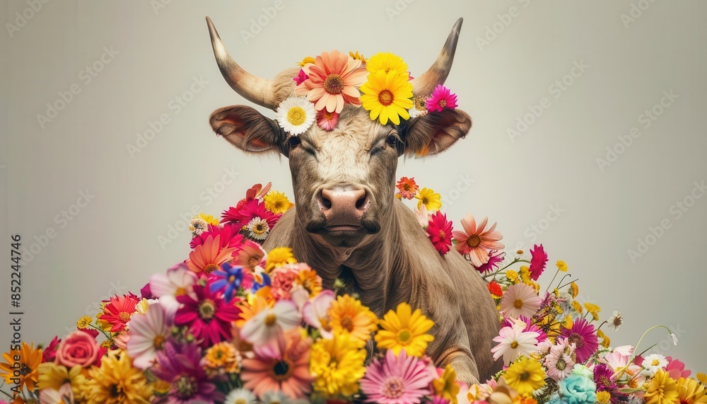 surreal portrait of a bull sitting covered in a pile of colorful flowers creative animal photography concept surreal portrait of a bull sitting covered in a pile of colorful flowers creative animal photography concept